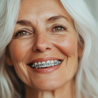 High-resolution close-up portrait of an elderly woman smiling, showcasing orthodontic gray metal braces on her teeth with beautiful white hair and clean background