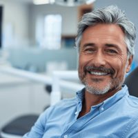 a happy middle aged man in blue shirt at a bright dentist office relaxed in the orthodontic dental chair smiling while getting teeth cleaned and repaired